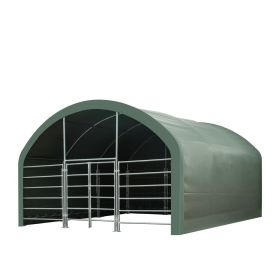 20' x 20' Livestock Corral Shelter, Powder Coated Structure, 12' Dome Roof, 17 oz Military Green PVC Fabric Covering, 6-Bar Corral Panels