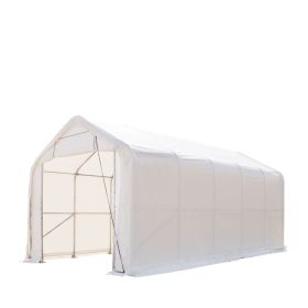 15' x 25' RV/Motorhome Storage Shelter, 17 oz PVC Fabric Cover, Front Roll-Up Door, Enclosed Rear Wall, 3-Layer Galvanized Steel Frame