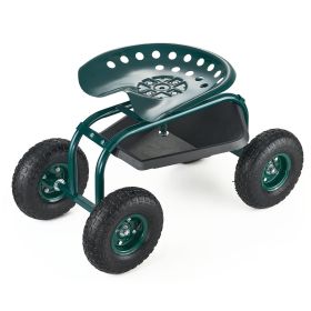 Rolling Garden Cart with Swivel Seat, Heavy Duty Garden Seat with Storage Basket & Tool Tray, 300 lbs Weight Capacity