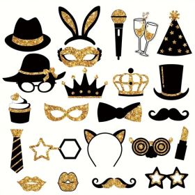 24 Pcs Party Photo Booth Props Party Picture Pose Supplies Gold And Black Kit For Birthday Weddings Graduation Prom New Year Party (Option: 24Pcs)